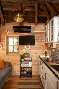 StarčevljaniTiny house AMBAR的一间带木墙的厨房和一张沙发
