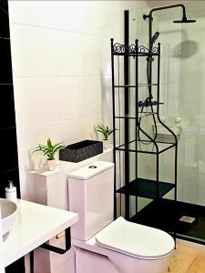 塞维利亚LHome的一间带卫生间和玻璃淋浴间的浴室