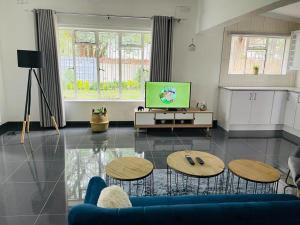 布拉瓦约Remarkable 2-Bed House in Bulawayo的客厅配有蓝色的沙发和电视