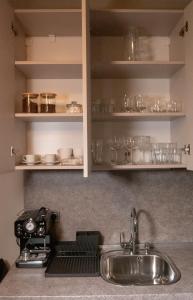 索非亚Луксозно студио One Place in Sofia A1 - Лозенец的厨房配有水槽和带架子的台面