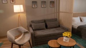 索非亚Луксозно студио One Place in Sofia A1 - Лозенец的客厅配有沙发和椅子