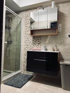 塞格德SunSuite Szeged的带淋浴、水槽和玻璃淋浴间的浴室