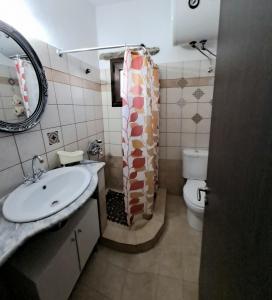 SarakínikoTraditional house paros的浴室配有水槽、卫生间和浴帘
