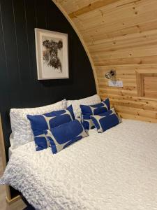 邓弗里斯Craigend Farm Holiday Pods - The Curly Coo的一间卧室配有一张带蓝色枕头的床。