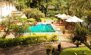 戈罗卡天堂鸟酒店的一个带桌子和遮阳伞的游泳池和一间餐厅