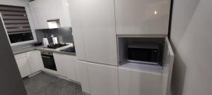 索斯诺维茨Apartament CENTRUM的厨房配有白色橱柜和微波炉