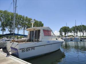 乌伊斯特勒昂Nuit insolite sur l'eau au port de Ouistreham的一艘白船停靠在码头