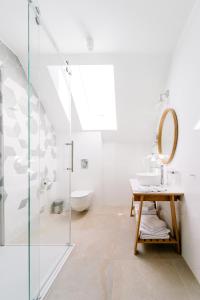 斯沃尔纳加西耶Chaber Apartamenty的带淋浴、盥洗盆和镜子的浴室