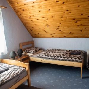 Hajósi PincékBerger Pince-vendégház, Hajósi pincék的配有木天花板的客房内的两张床