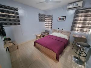 伊巴丹Amazing Grace Hostel and International Serviced Apartments的一间卧室配有一张带紫色毯子的床