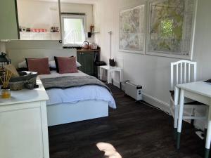 灵伍德Lynbrook Cabin and Hot Tub, New Forest的一间卧室配有一张床和一张书桌