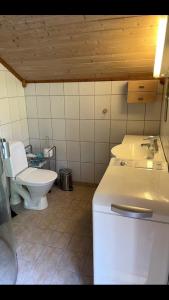纳姆索斯Stille og landlig, men sentrumsnær leilighet的一间带卫生间和水槽的浴室