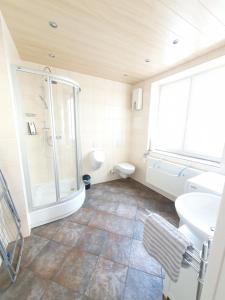 斯维斯塔尔Gemütliches Zimmer mit eigenem Bad und Küche的带淋浴、卫生间和盥洗盆的浴室