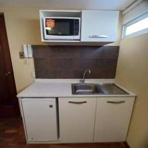 拉巴斯佐纳苏尔玻利维亚客房套房旅馆的一间带水槽和微波炉的小厨房