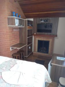 蒙特韦尔迪Chalé Caminho da Fonte的一间卧室设有壁炉、一张床和一台电视机。