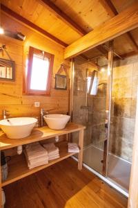 VirigninLes Lodges de la ViaRhôna / cabane-spa的一间带两个盥洗盆和淋浴的浴室