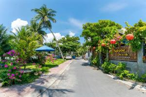 会安Sands River Hoi An Villa的一条满是鲜花和栅栏的空街道