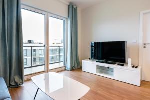 华沙Wola Lush Apartment的一间带电视和大窗户的客厅