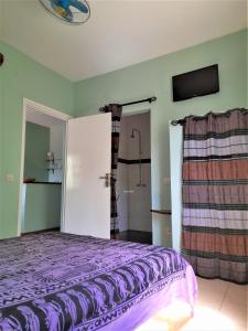 萨利波图尔Auberge Le Baobab的一间卧室配有紫色的床和淋浴