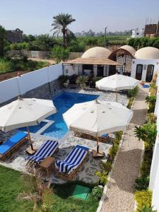 卢克索CASA LOKO Guest House的一个带两把遮阳伞和椅子的游泳池以及一个游泳池