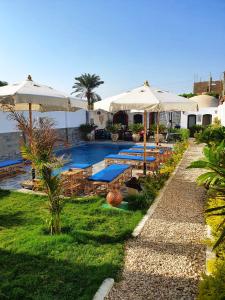卢克索CASA LOKO Guest House的一个带遮阳伞的游泳池和一个度假村
