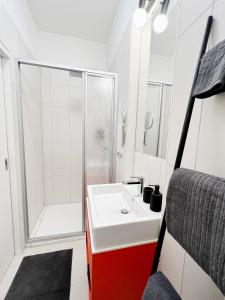 维也纳Sissi West的带淋浴和白色盥洗盆的浴室