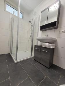 巴德克洛斯特尔劳斯尼茨Ferienwohnung Holzland的白色的浴室设有水槽和淋浴。