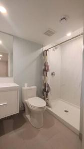 卡尔加里Beautiful 2 bedroom + office basement suite的白色的浴室设有卫生间和淋浴。
