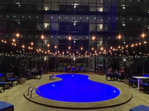戴维希达德大卫酒店的一座带灯光的大型蓝色游泳池