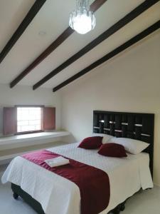 波帕扬Hotel Castillo Real的一间卧室配有一张大床和一个吊灯。
