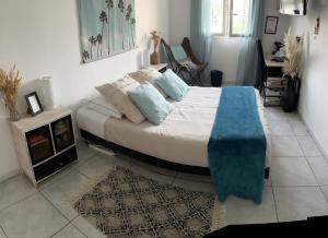 蒙彼利埃Villa Croix d Argent 15mn des plages的一间卧室配有一张大床和地毯。