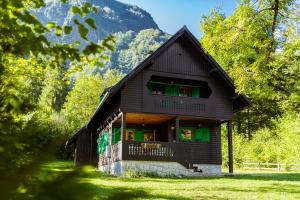 博希尼Holiday home Pri Metki - Bohinj的一座带绿门和山脉的木屋