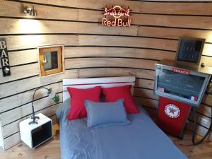 Beauregard-lʼÉvêqueTour de charme atypique的一间卧室配有一张带红色枕头的床和一台电视。