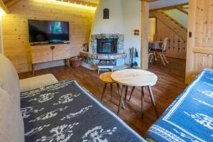 博希尼ALPIK Chalets - Bohinj的带沙发和壁炉的客厅