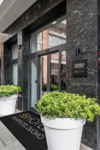 米兰BB Hotels Smarthotel Duomo的两盆大植物的建筑物入口