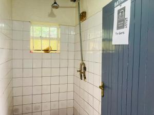 波特尔堡Yes Hostel的浴室设有蓝色的门和窗户。