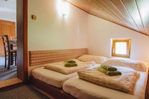 莱奥冈Haus Blueberry - Baranek Resorts的一间卧室配有两张床和绿毛巾。