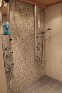 基尔匹斯扎我维Kelo Aurora luxury cabin的带淋浴的浴室(带瓷砖墙)