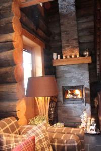 基尔匹斯扎我维Kelo Aurora luxury cabin的带沙发和壁炉的客厅