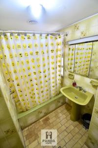 门多萨Panda Hostel Mendoza的浴室配有淋浴帘和盥洗盆。