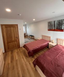 希奥利艾Neris apartments的一间卧室设有两张床,铺有木地板