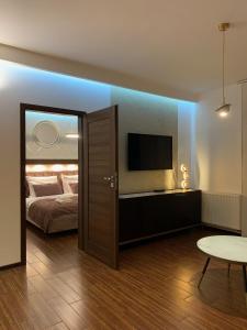 克拉科夫Holiday Apartments Browar Lubicz Krakow Stare Miasto的一间卧室配有一张床、一台电视和一张桌子