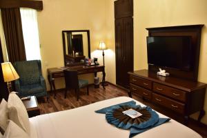 瓜达拉哈拉Hotel Morales Historical & Colonial Downtown Core的酒店客房配有一张带电视和书桌的床。