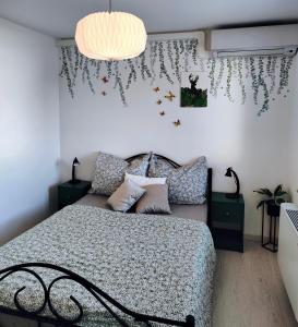博德森特克Apartments & rooms Saša的一间卧室配有一张床和一个吊灯