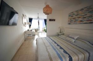 大塔拉哈尔Sailor Lovers - Jacuzzi Fuerteventura的一间卧室配有一张大床和电视