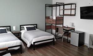 利马NEREO rooms的一间卧室配有两张床、一张桌子和一个书架