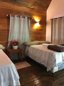 Hospedaje En El Lago…的木墙客房的两张床