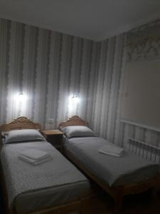 希瓦Hotel Allanazar Ota的配有条纹墙壁的客房内的两张单人床