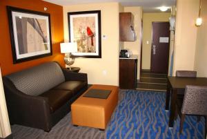 伍德森特瑞斯Holiday Inn Express & Suites St Louis Airport, an IHG Hotel的客厅配有沙发和桌子