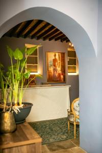 尼科西亚Madama Residence的客厅设有拱门和植物桌子